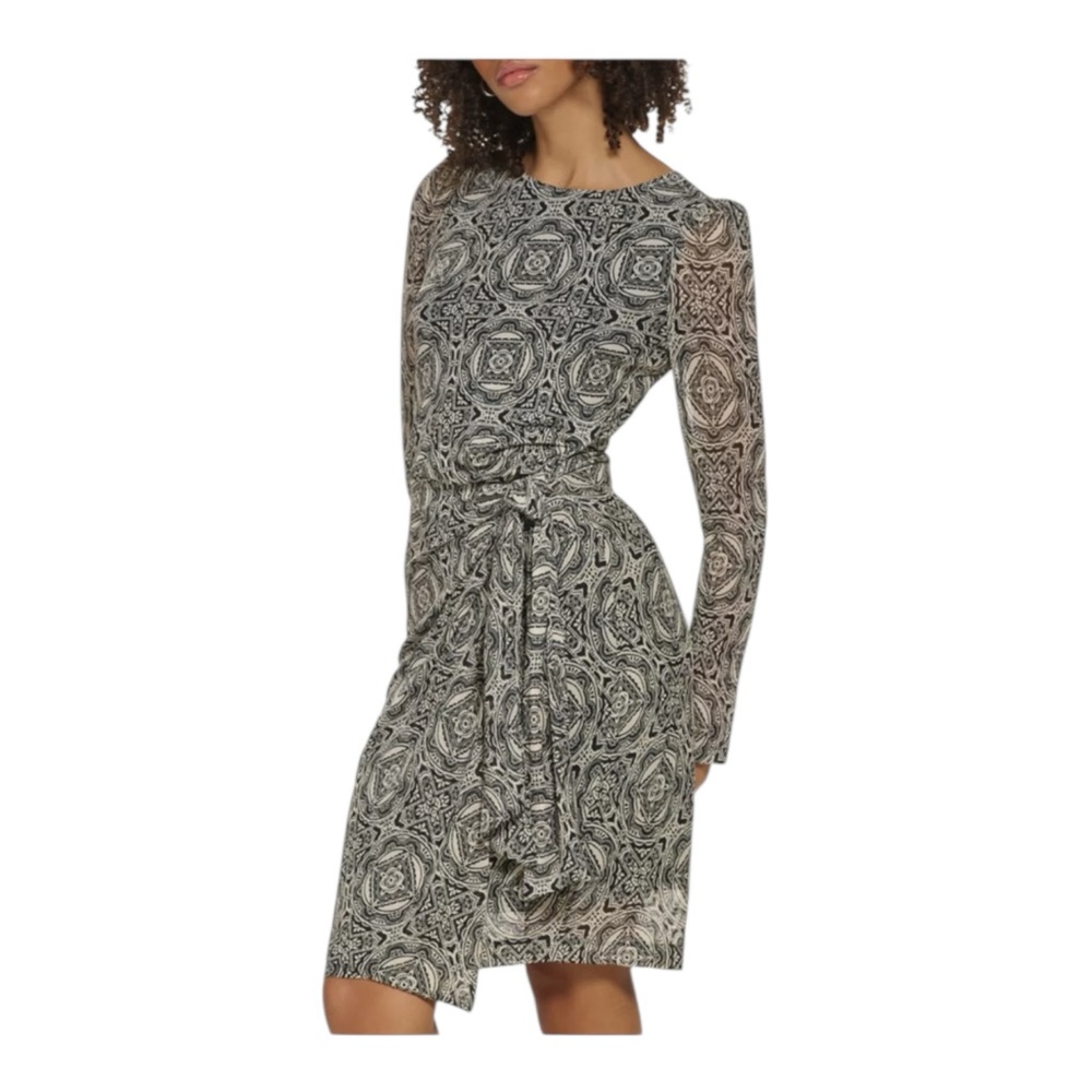 Tommy Hilfiger Women's Long Sleeve Round Neck Mesh Side Tie Printed Dress